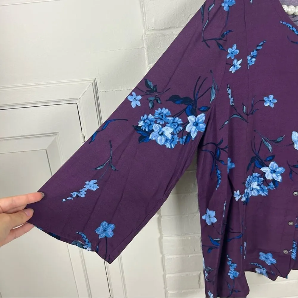 J.Jill  Dark Maroon Purple Floral Button Down Top Size L - Image 6