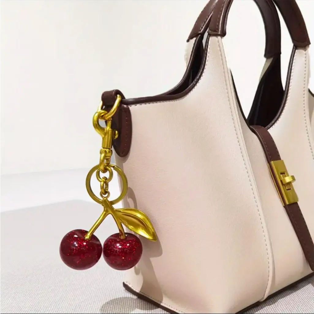 Red Sparkle Cherry Bag Charm Keychain Gold Tone NWT - Image 3
