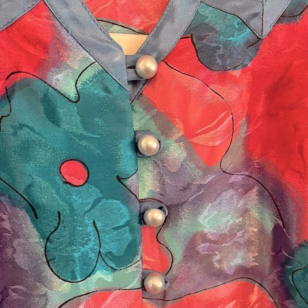Vintage Satin Top Large Pink Floral Asymmetrical Button Down Artsy Maximalist Pj Blue - Image 7