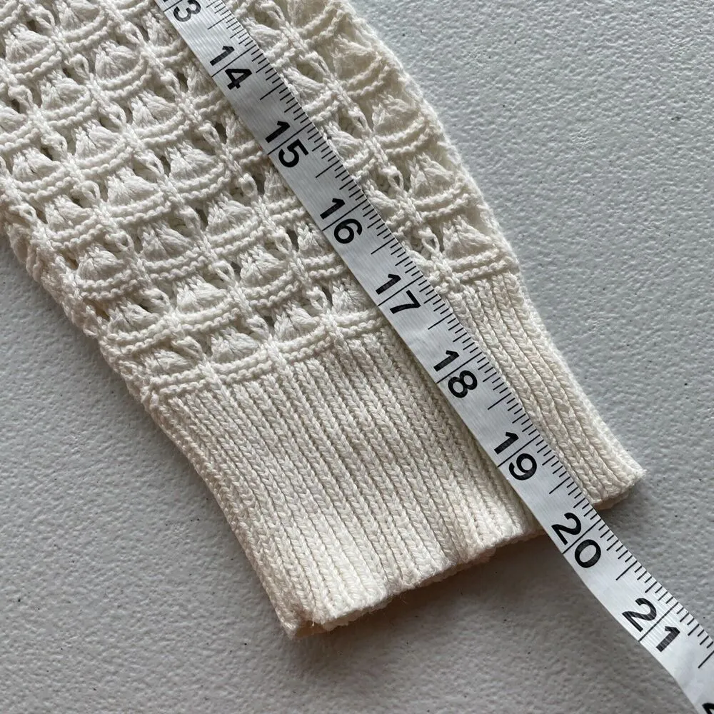 DKNY Women M Open Knit Cardigan Crochet Buttoned Sweater V-Neck 3/4 Sleeve Cream - Image 8