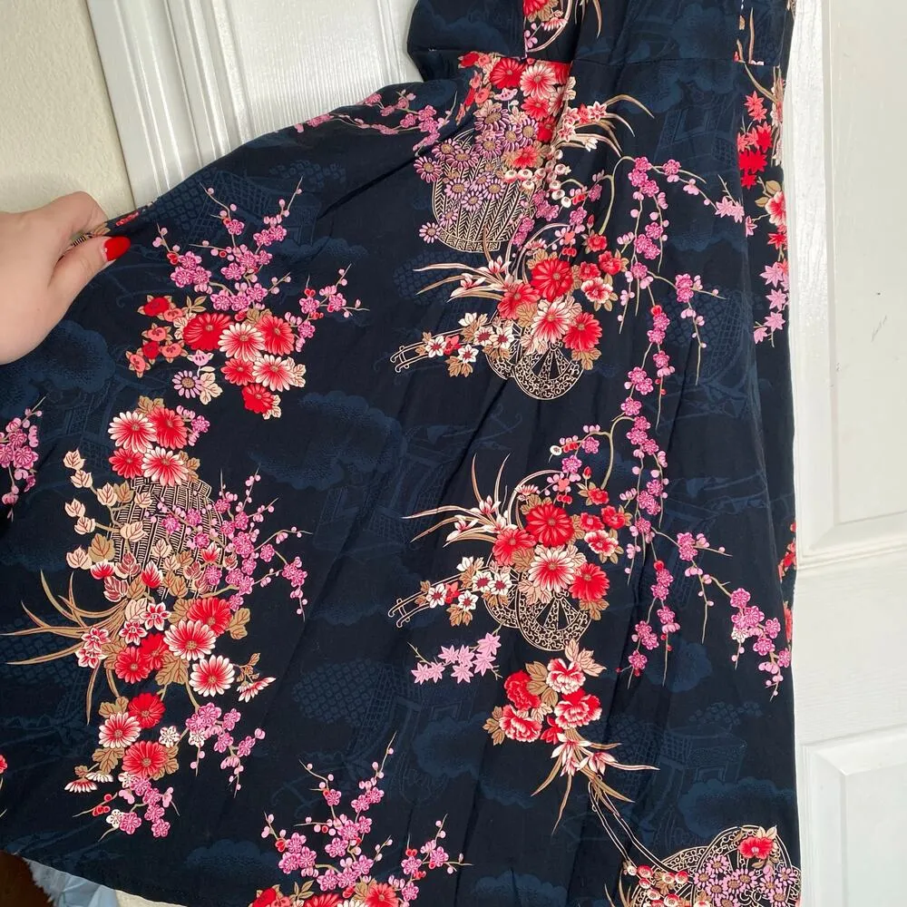 Vintage 90s Y2K RAMPAGE Halter Dress Oriental Floral Medium Grunge Babydoll Sz 9 Black - Image 6