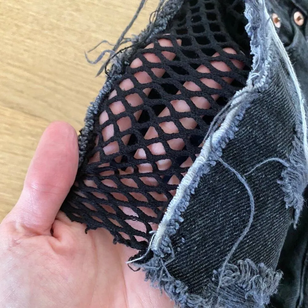 Furst Of A Kind - High Waist Shorts in Black Denim and Black Mesh Panel - Image 2