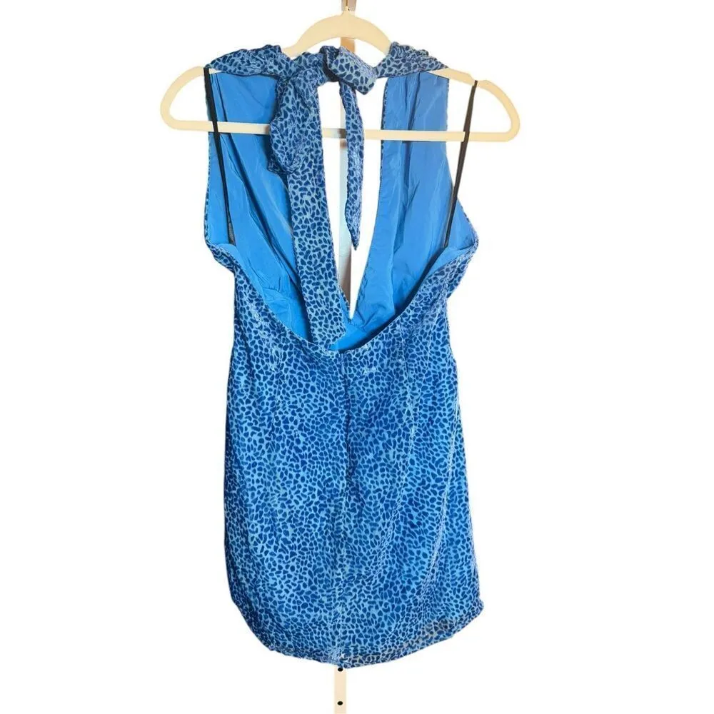 NEW NBD x Revolve Pari Mini Dress Blue Halter Flocked Animal Print Sz Small - Image 3
