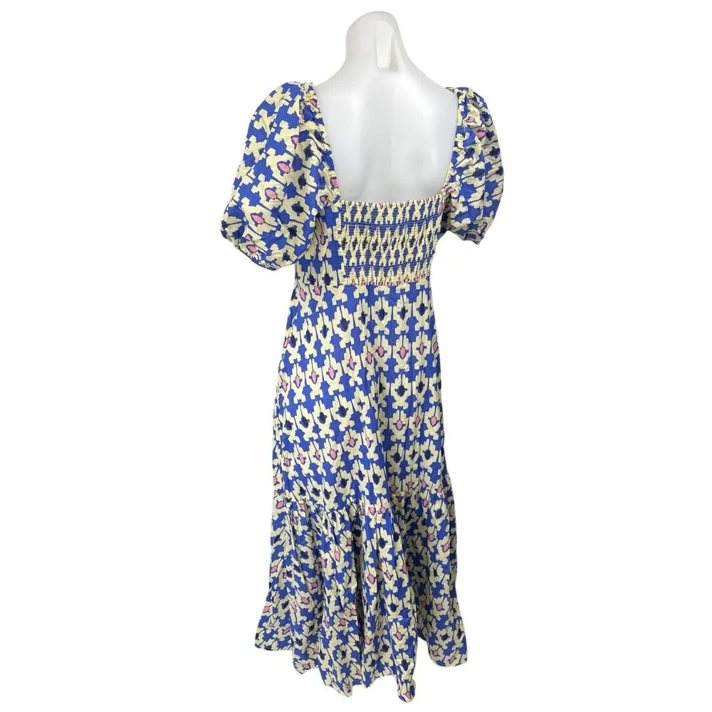 Zara Blue White Printed Short Puff Sleeve Smocked V-Neck Midi A-line Dress Sz L - Image 6