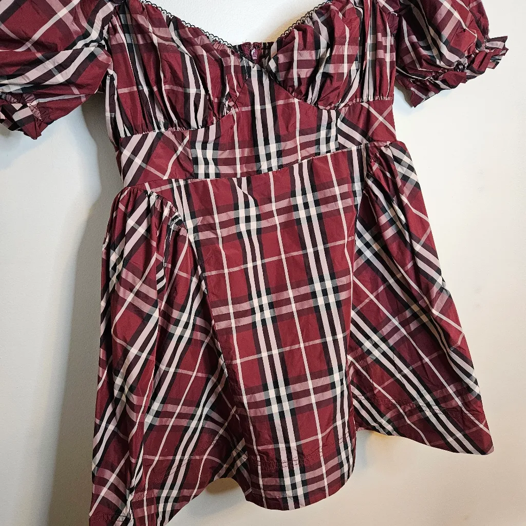 Maeve Plaid Puff Mini Dress Red Anthropologie Short Sleeve Sweetheart NWT XL - Image 4