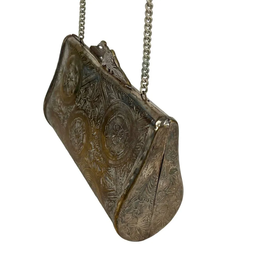 Vintage Peacock Flower Engraved Brass Pillow Purse Chain Strap 7" x 4.5" - Image 8