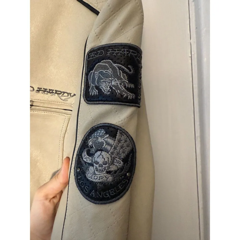 Ed Hardy Womens Grey Genuine Leather Biker Moto Jacket Size L - Image 6