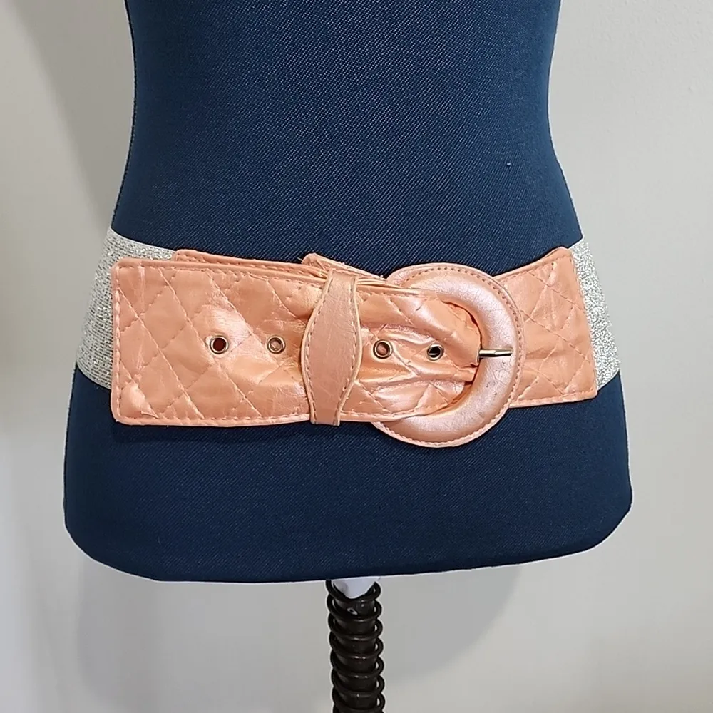 Salmon Pink and Metallic Silver Wide Stretch Belt - Image 6