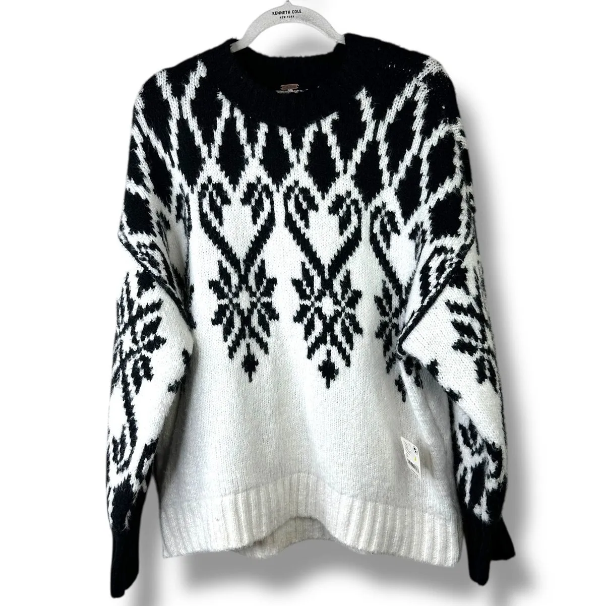 NEW Free People Fireside Ivory Black Oversized Knit Tunic Sweater Mini Dress XS - Image 6