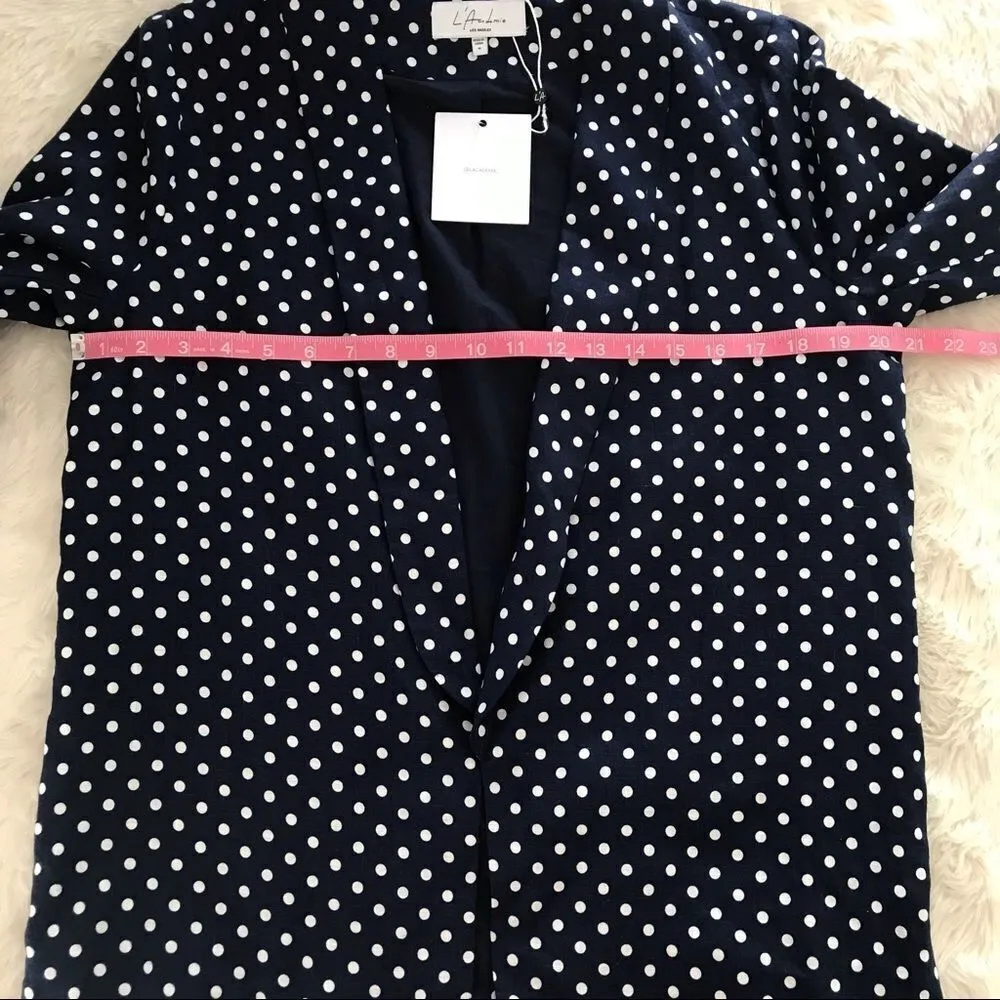 L’ACADEMIE Carter Linen Blazer Open Front Navy Blue White Polka‎ Dot Medium New - Image 13