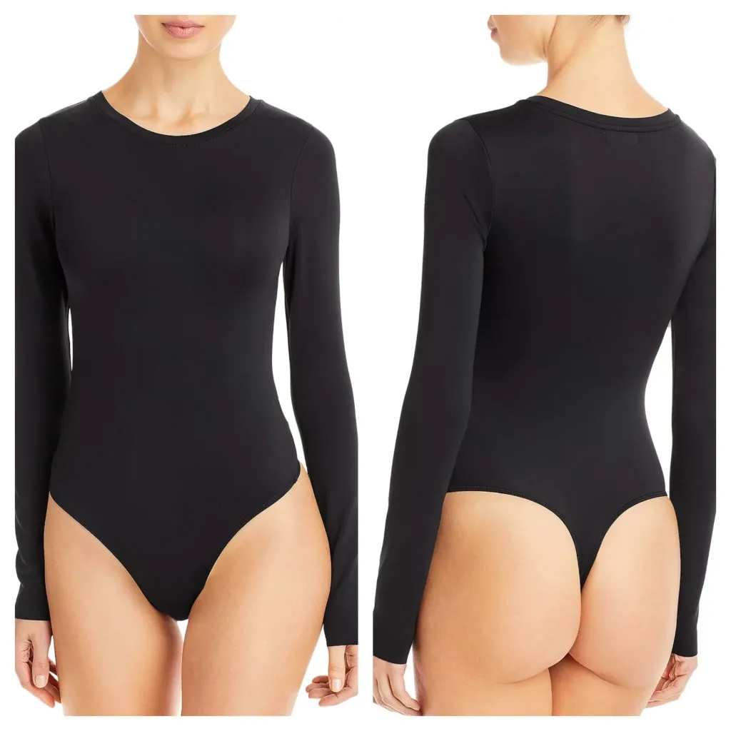 Good American Sculpting Crewneck Long Sleeve Scuba Bodysuit Tee Black Women's S - Image 2