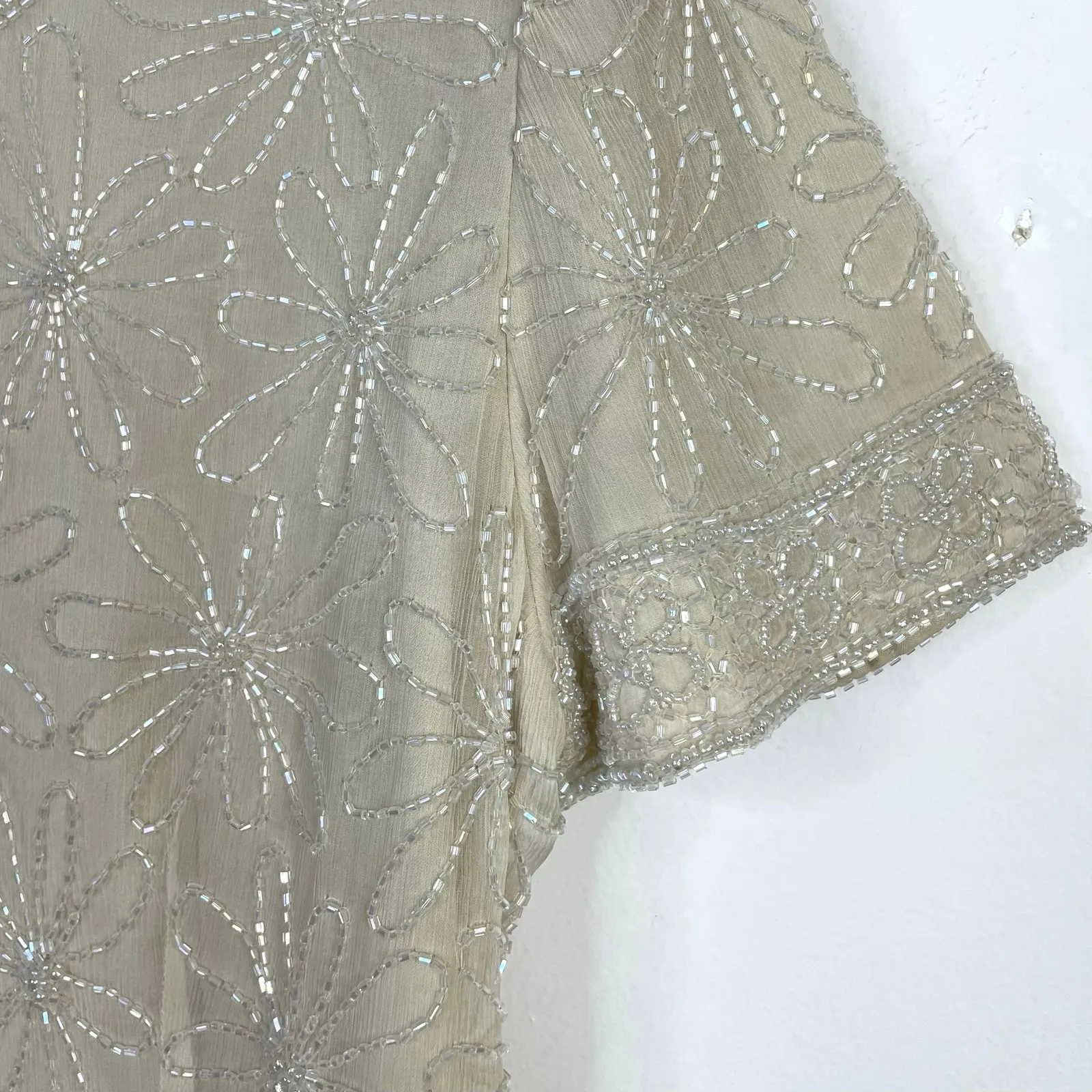 Vintage Papell Boutiqe Cream Silk Beaded Flower Art Deco Glam Blouse Top 14P M L - Image 2