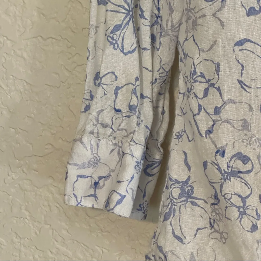 LL Bean Top Womens Small Floral Blue White Linen‎ Button Up 3/4 Sleeve Shirt - Image 10