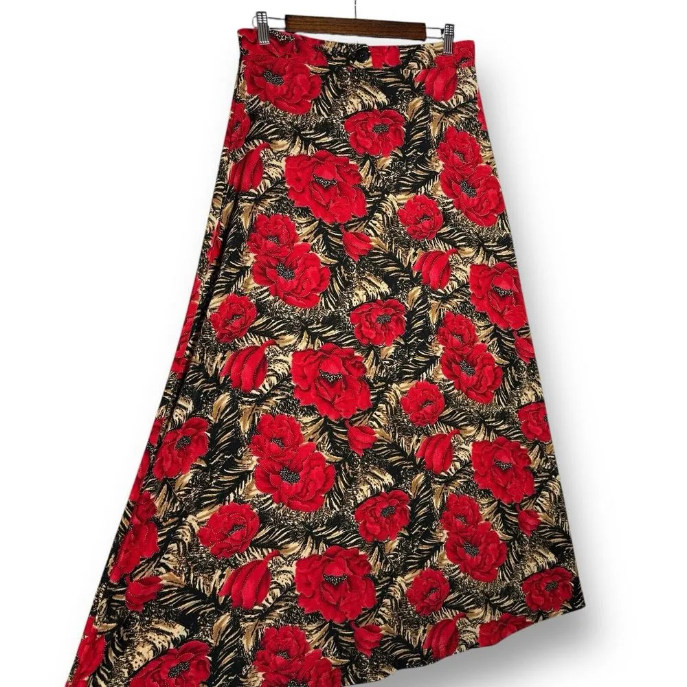 Vintage Y2K Maxi Skirt L‎ Red Floral Tiger Animal Print Slinky Stretch Pull On Size L - Image 3