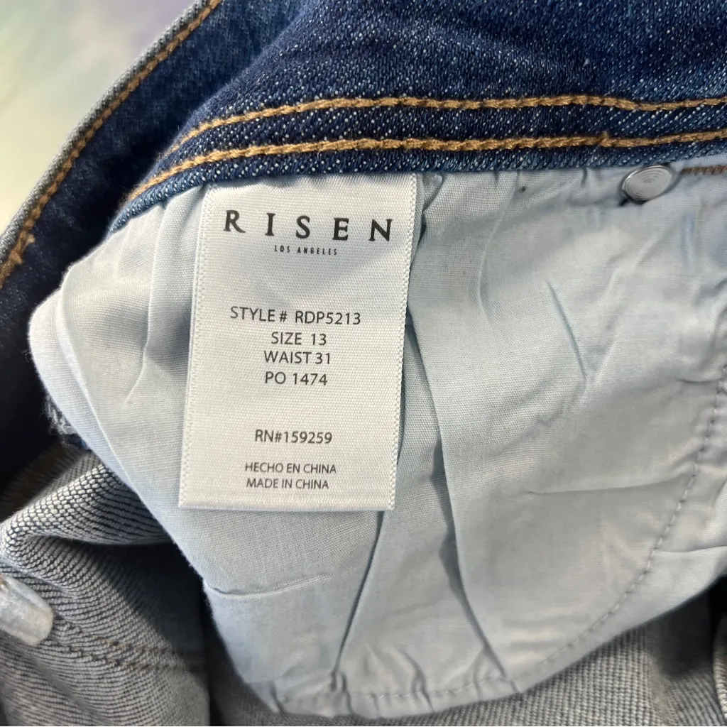 RISEN High Rise Stretch Distressed Denim Destroyed Hem Crop Jeans Size 13/31 Blue - Image 10