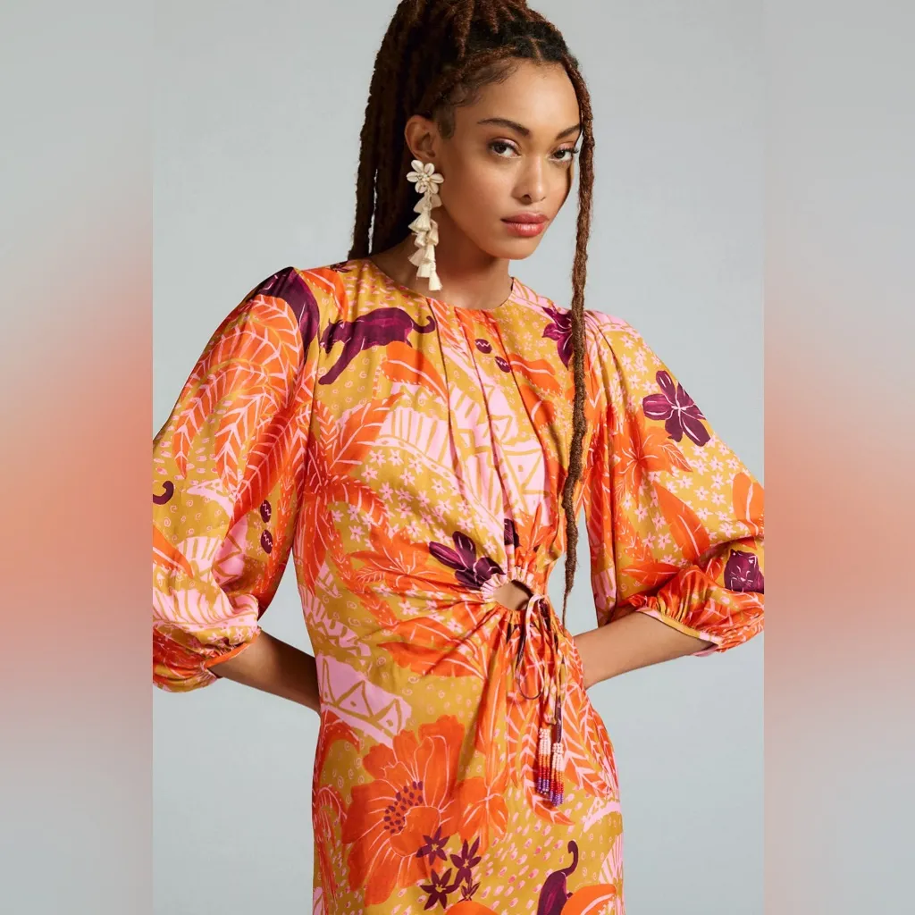 Farm Rio Puff-Sleeve Cutout Slip Dress Orange Purple Long Sleeve Panther Small - Image 4