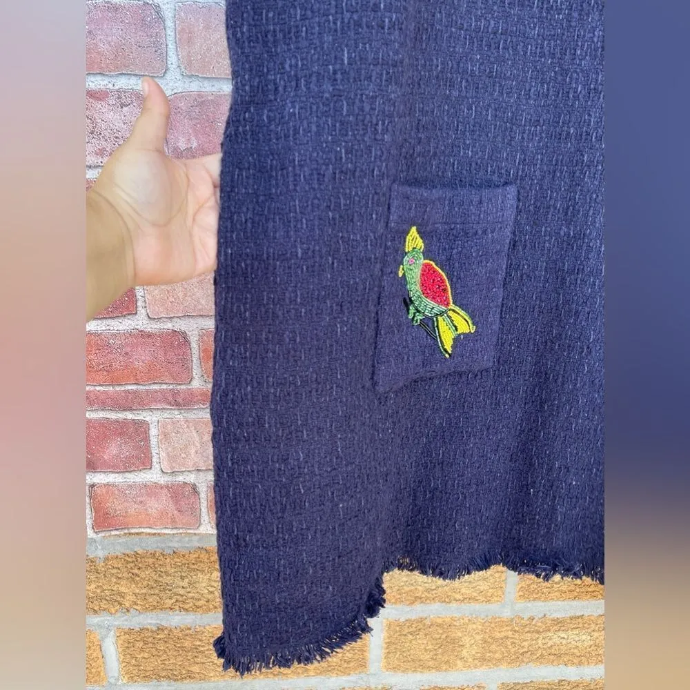 FRANCES VALENTINE Twiggy Fringe Dress Cotton Boucle Navy size 1 X Blue - Image 8