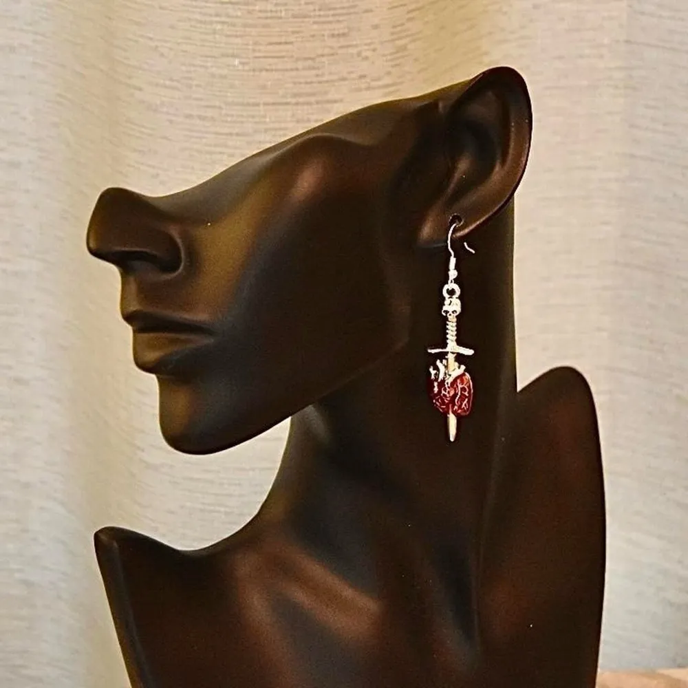 Sword Pierced Heart Earrings Silver - Image 5