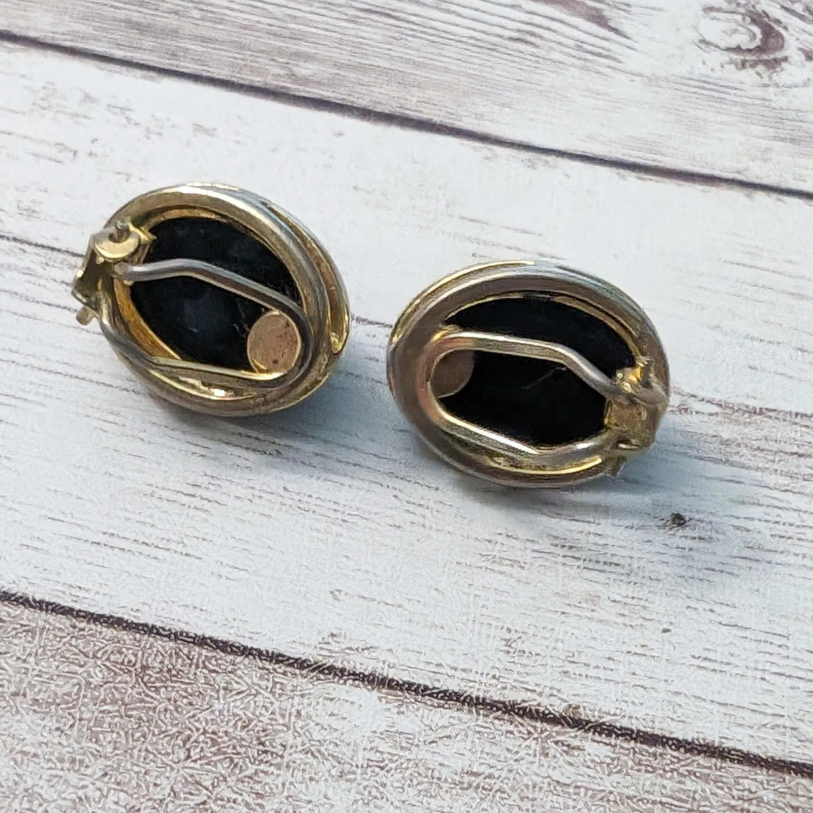 Vintage Clip On Earrings Black 3D Domed with Gold Tone Halo - Image 10