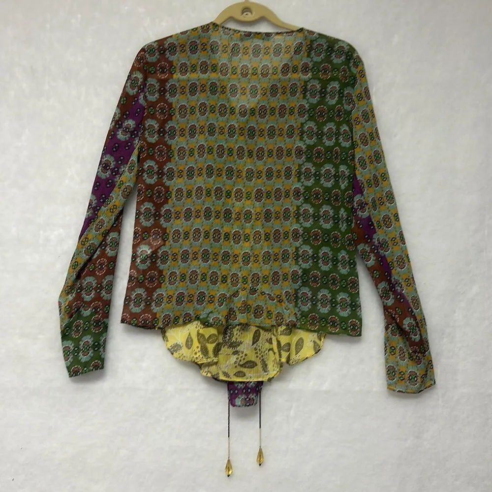 Zodiac Multicolor Printed Boho Blouse Shirt Bow Tie Sz M Crystal Drops - Image 11