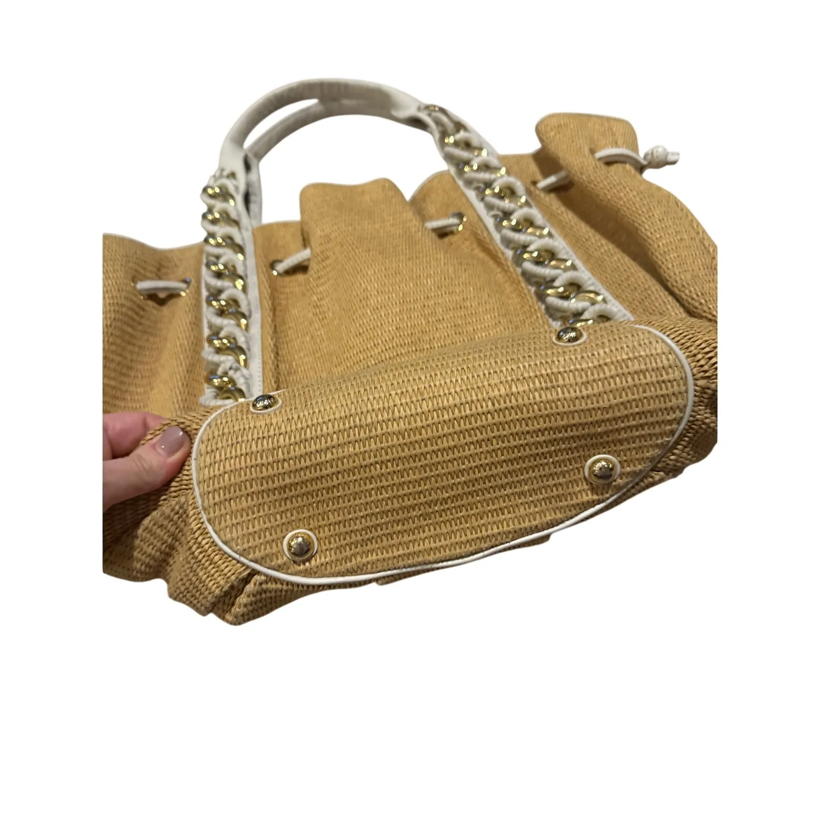 Michael Kors Straw Shoulder Bag White Gold Summer Handbag - Image 6