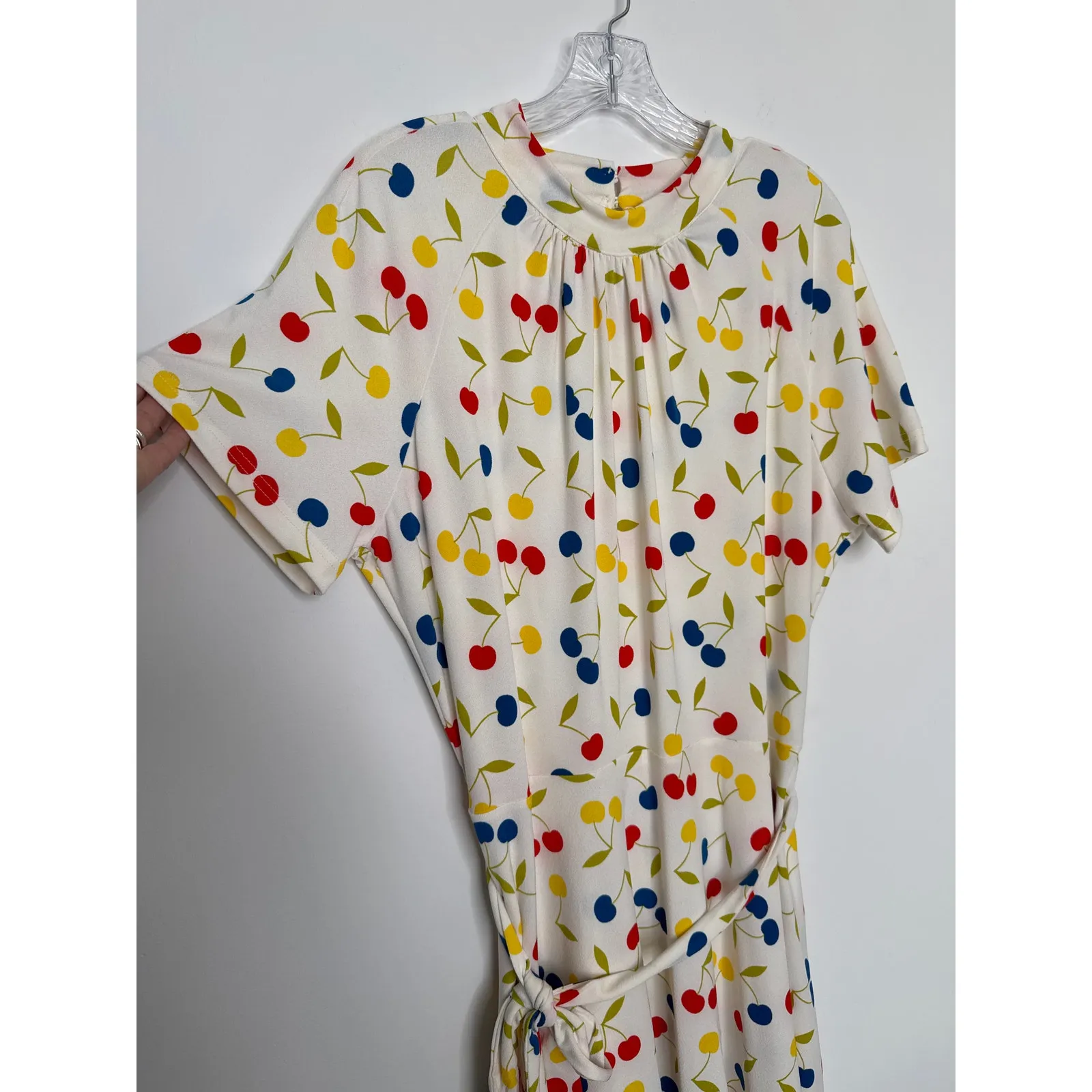 ModCloth Cherry Print retro swing Fit & Flare Dress mock neck & belt XL - Image 10