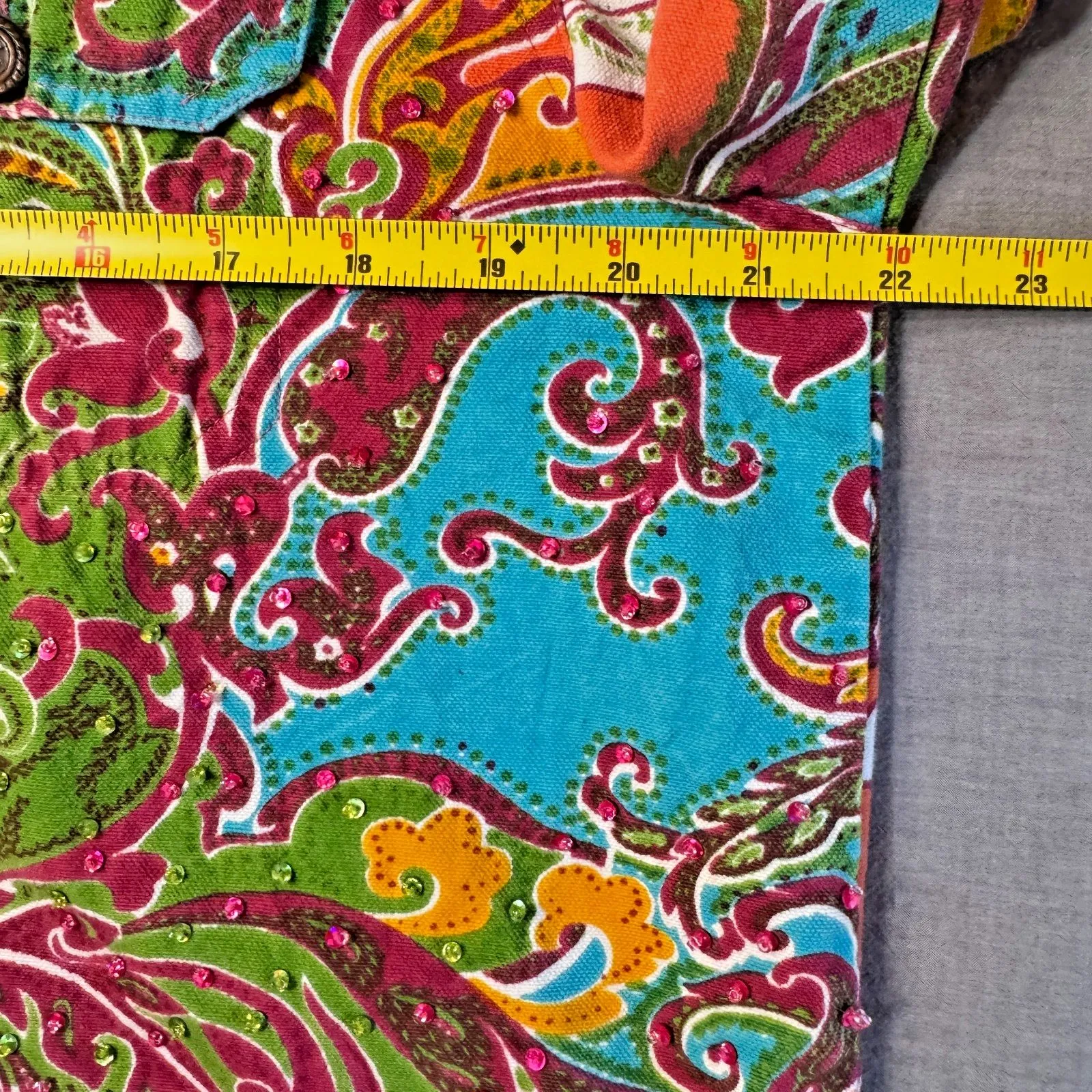 VTG Carrie Allen Paisley Beaded Sequin Denim Jacket Womens‎ Medium Cotton Boho Yellow - Image 9