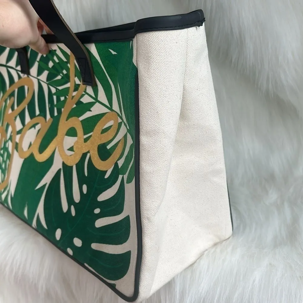 Babe Large Green Beige Tropical Vacation Beach Tote Bag - Image 4