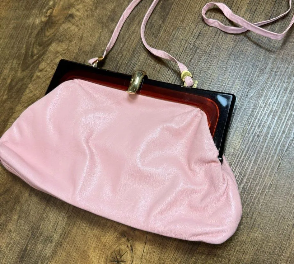 Vtg 60s/70s Italian Leather Convertible Clutch Crossbody Lucite Pink - Image 4