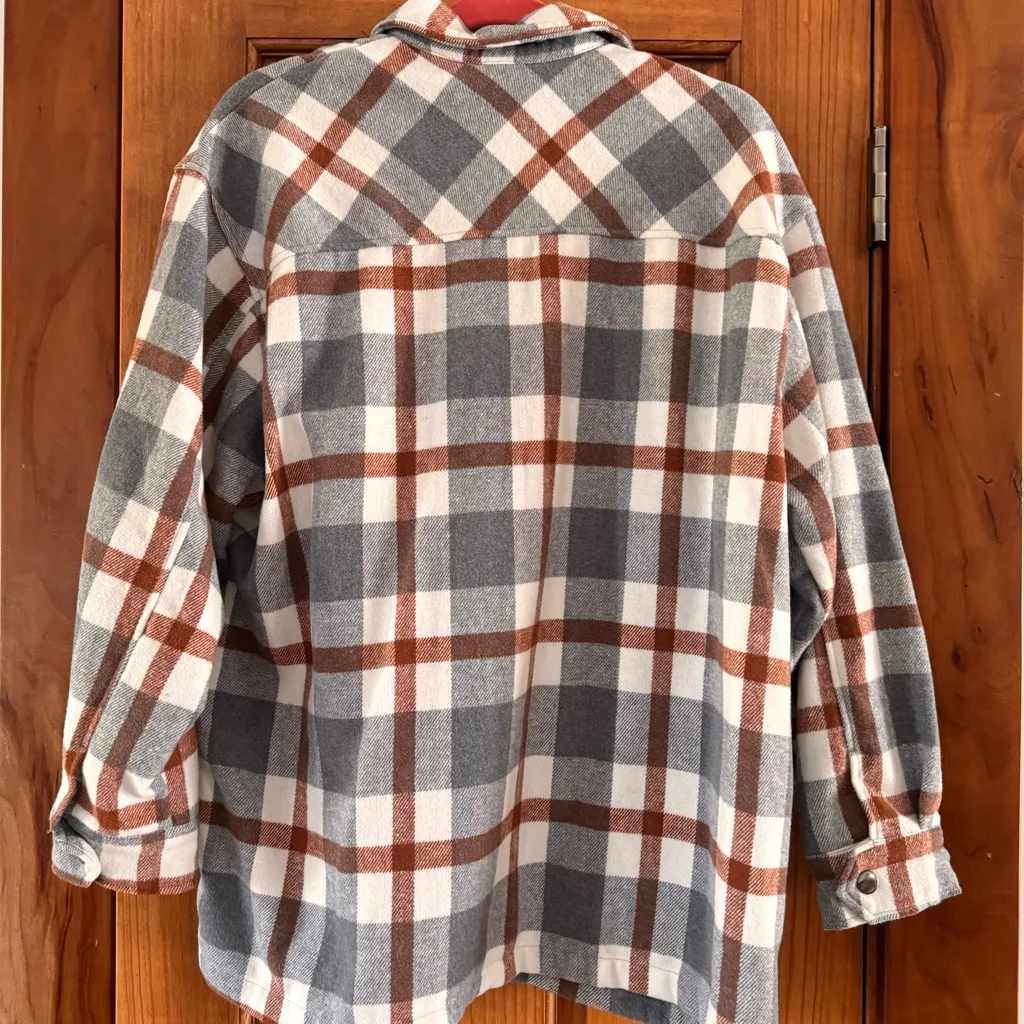 HFX Shacket Women’s Med Wool Blend Snap Shirt Plaid Shacket Gray Burnt Orange - Image 5