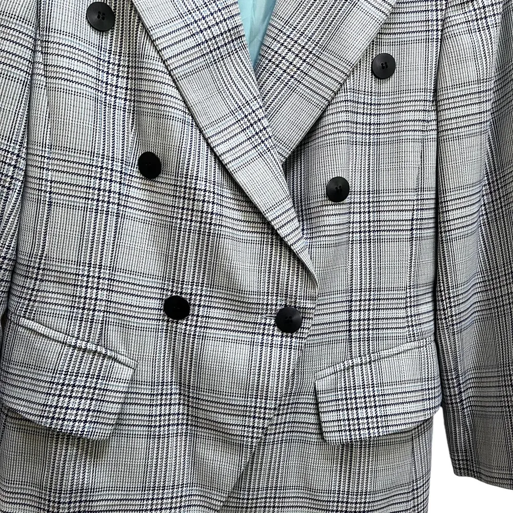 Vintage Escada Margaretha Ley wool silk plaid double breasted blazer Blue Size 6 - Image 9