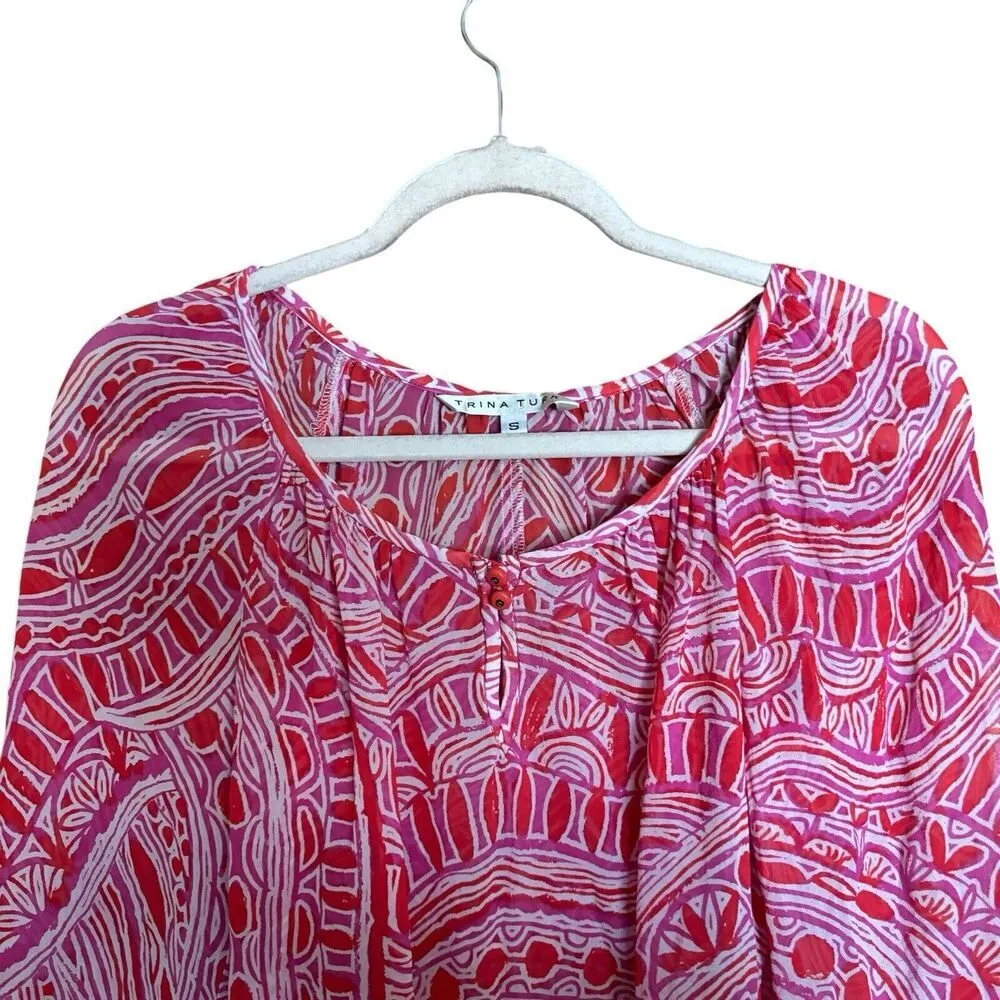 Trina Turk Top Womens Small Multicolor Artsy Print Silk Blend Sheer Blouse - Image 2