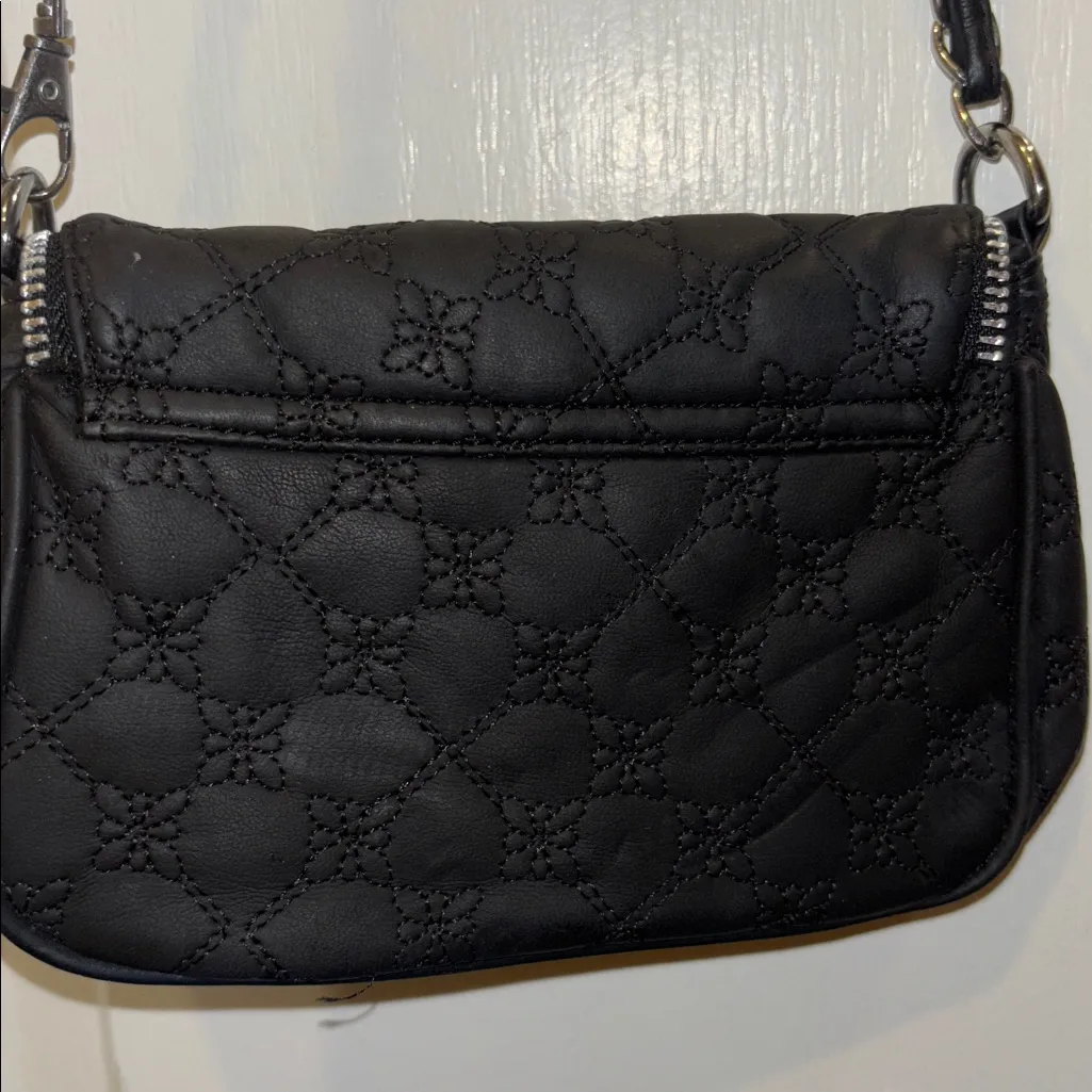 BLACK FAUX LEATHER MINI PURSE WILL FIT PHONE SILVER HARDWARE STURDY CROSS CHAIN - Image 3