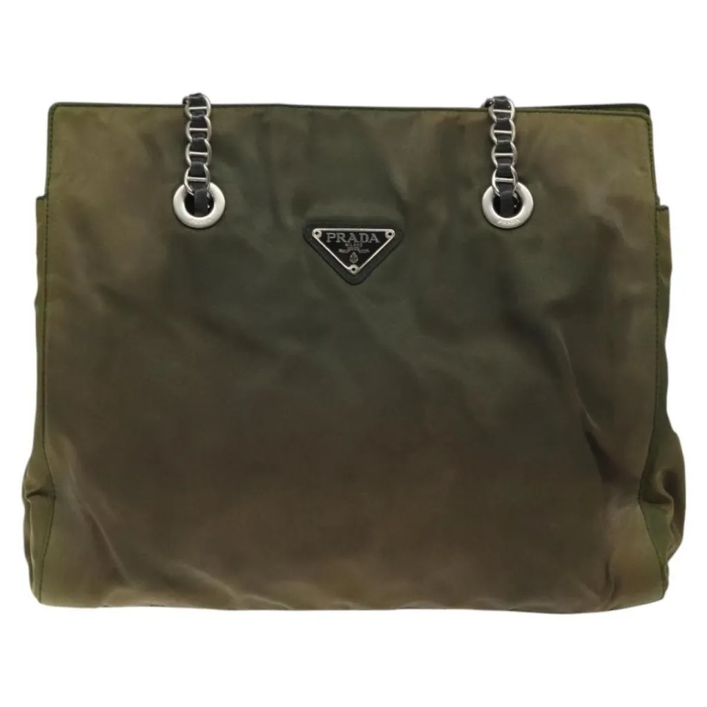Chain Shoulder Bag Nylon Khaki Silver Authentic - Image 3