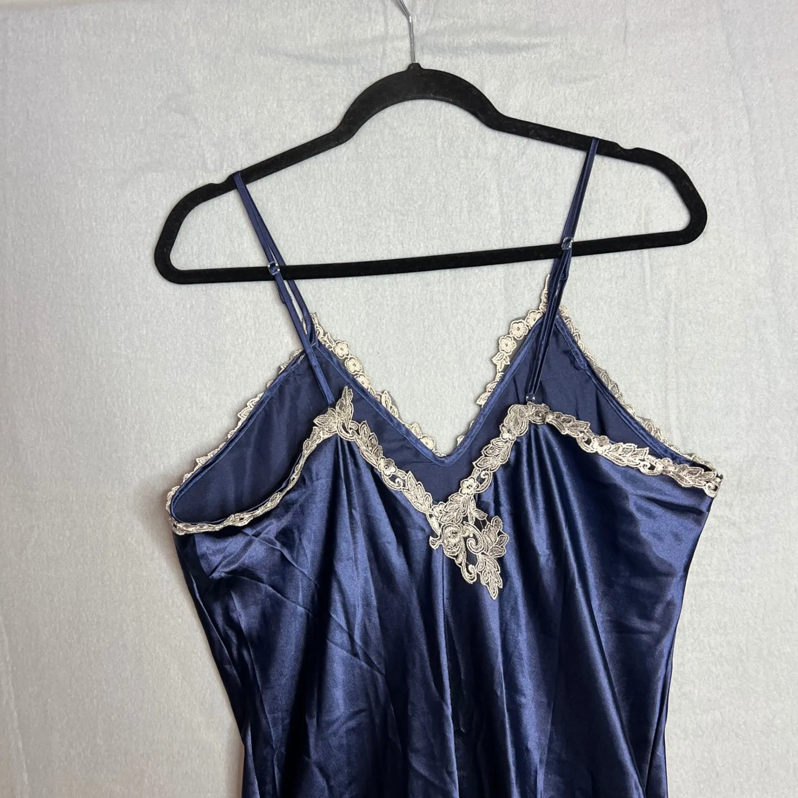 Vintage Satin Lace Slip Dress Gown Size XL Navy Blue Whimsigoth Midi Adjustable - Image 8