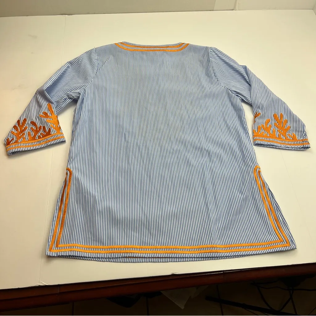 Gretchen Scott Tunic The Reef Embroidered Top Blue Sea Coral Stripe Medium *FLAW - Image 11