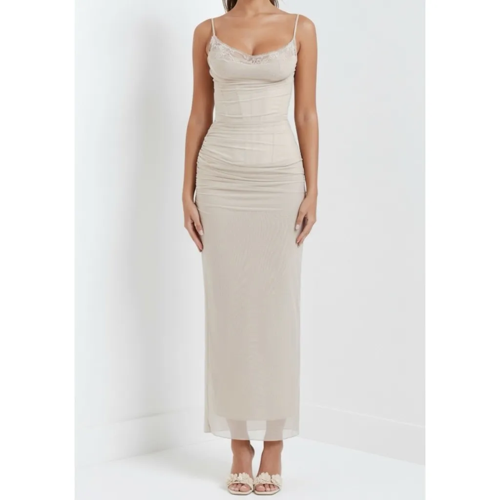 HOUSE OF CB Nalini Mesh Lace Corset Maxi Dress, Sand, L+ - Image 2