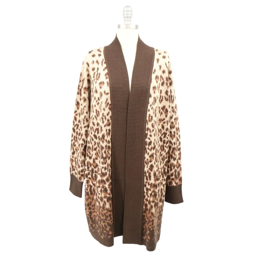 New Isaac Mizrahi Live! Brown Animal Print Jacquard Open Cardigan Sweater 1X - Image 2