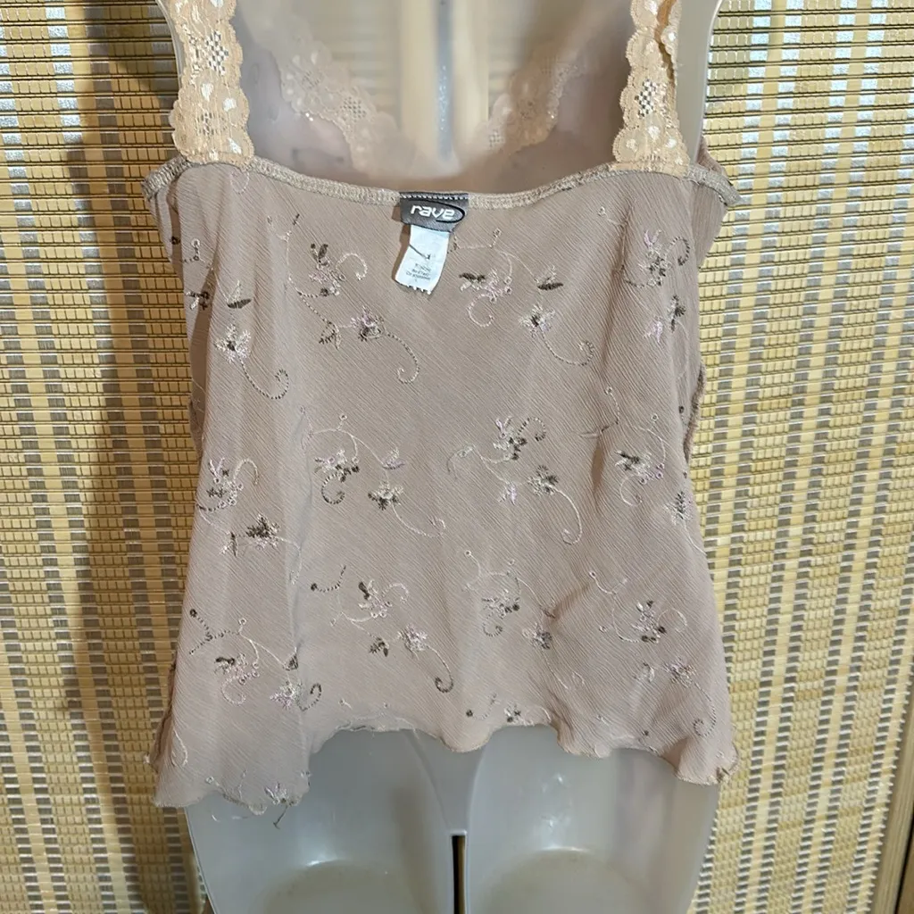 Rave Vintage 1990s Y2K Beige Floral Tank Top Ruffles Lace Trim Tie Belt Large Purple - Image 14