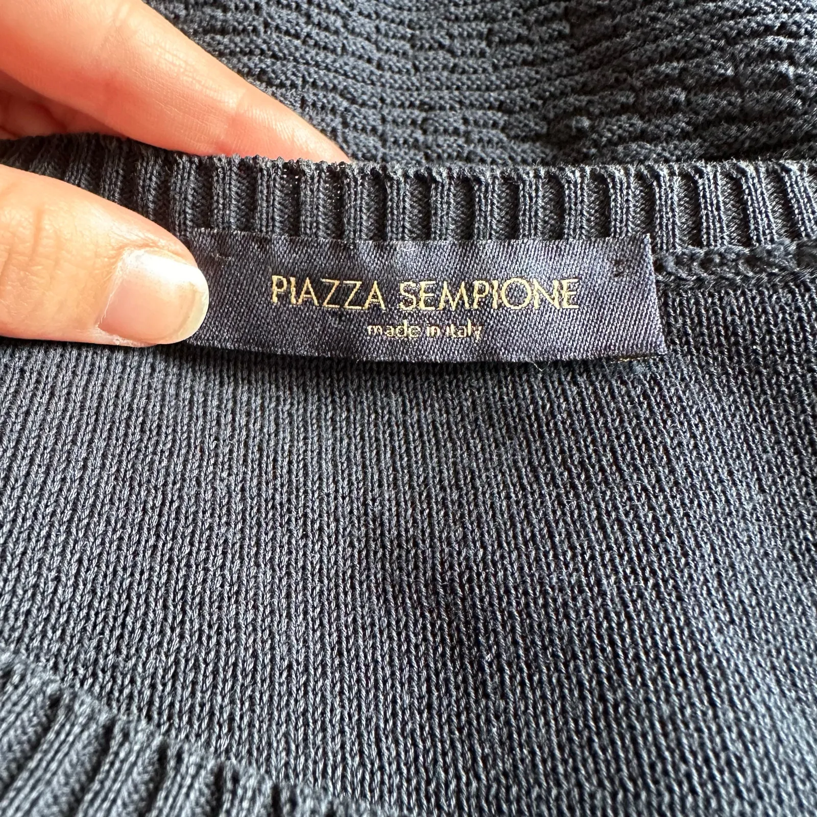 Piazza Sempione Navy Knit Top White Lace Hem Italy Size M Short Sleeve Designer - Image 2