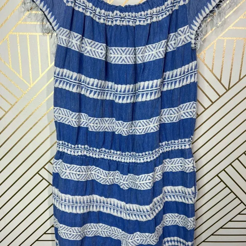 Lemlem Freya Off The Shoulder Embroidered Gauze Jumpsuit Blue Size‎ US Medium - Image 8