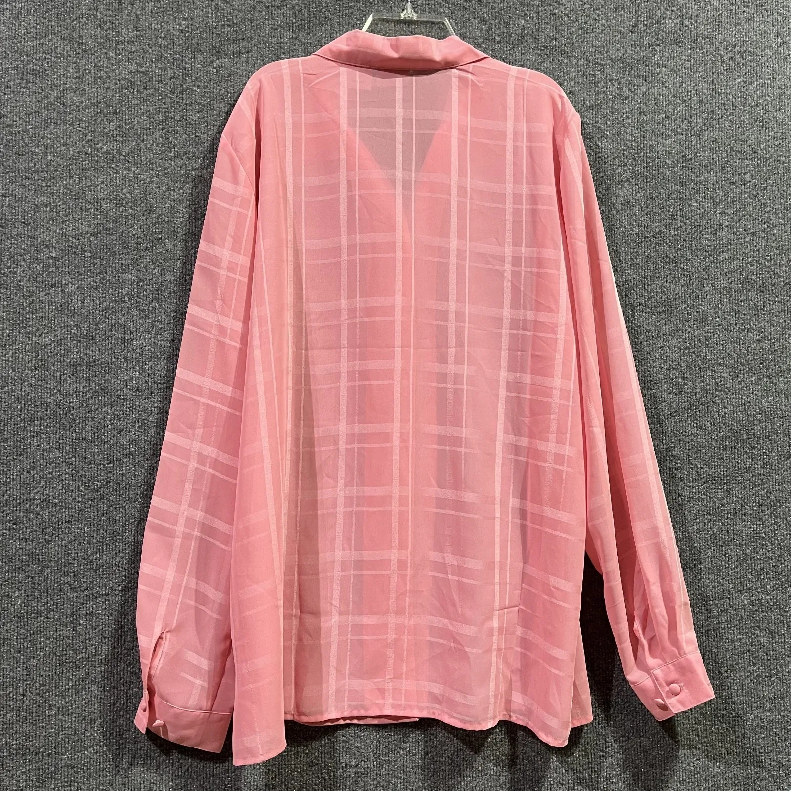 Vintage Liz Baker Shirt Womens 16 Pink Semi Sheer Windowpane Button Up Retro - Image 2