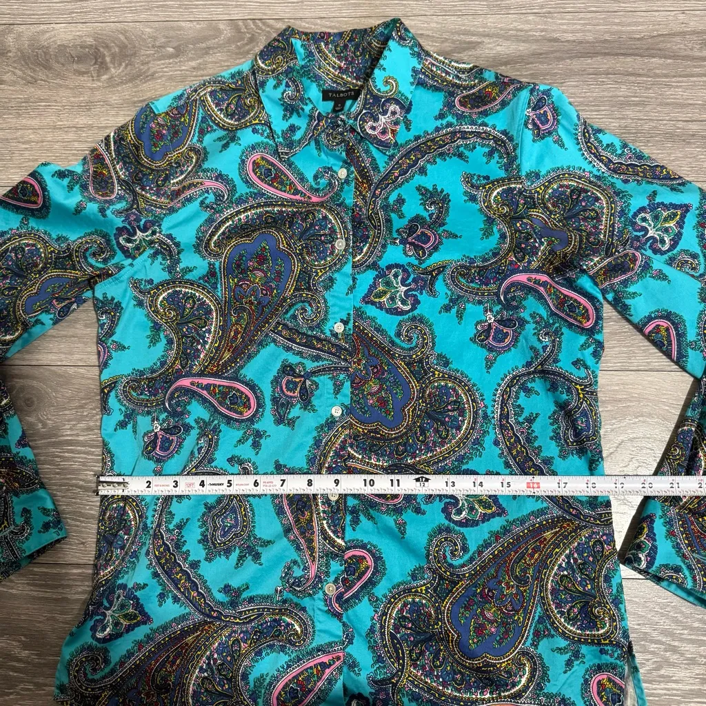Talbots Women Turquoise Paisley Floral Button-Down Casual Long Sleeve Shirt Sz S - Image 12