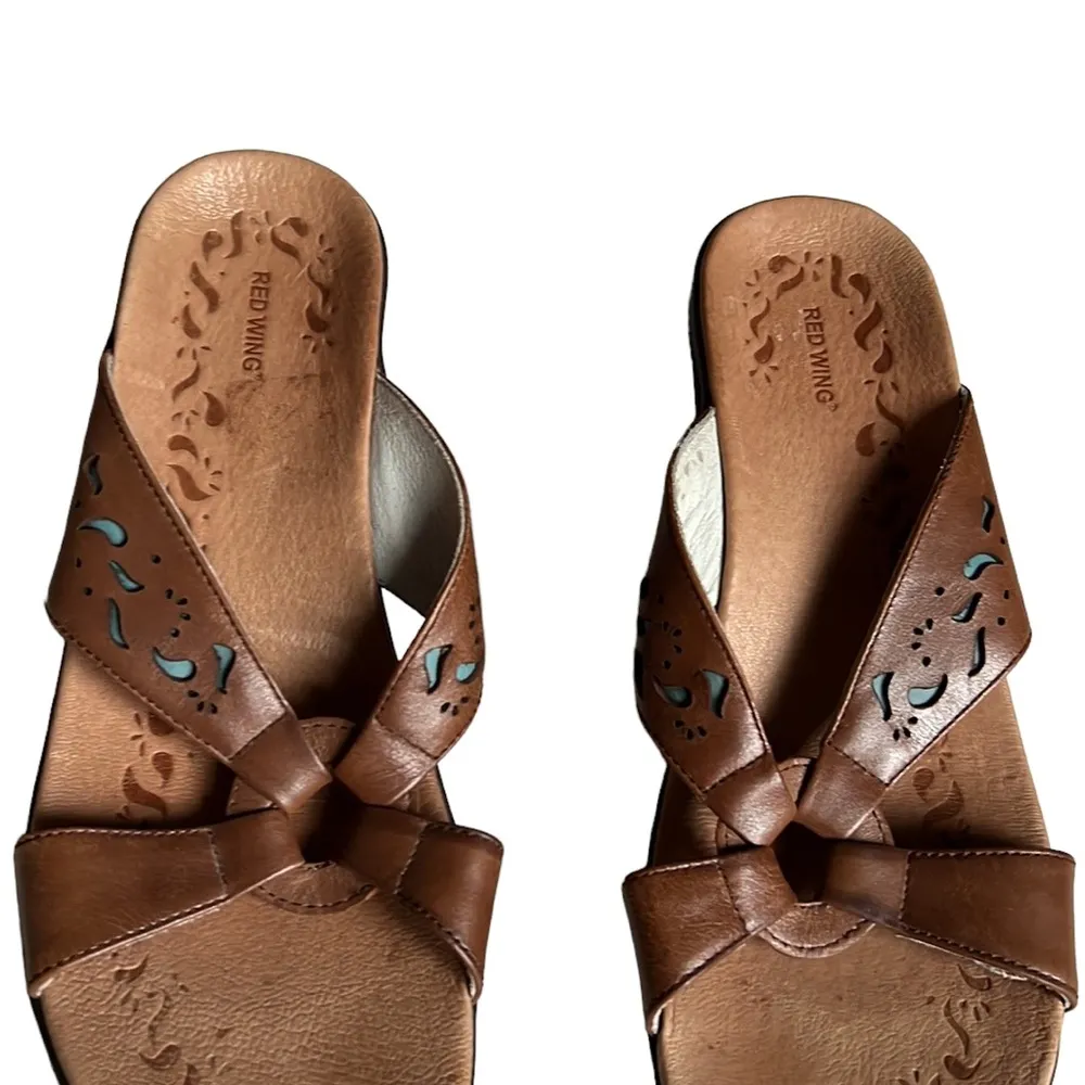Red Wing Wedge Brown Leather Cut Out Detail Sandals Size 7.5 Tan - Image 4