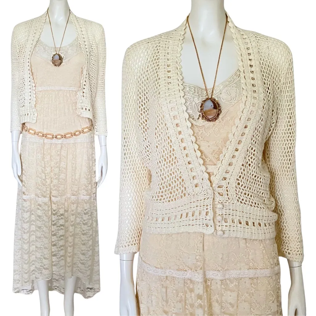 Vintage 90s Cream Crochet Shrug Cardigan. S/M Cottagecore Boho Off White Coastal - Image 9