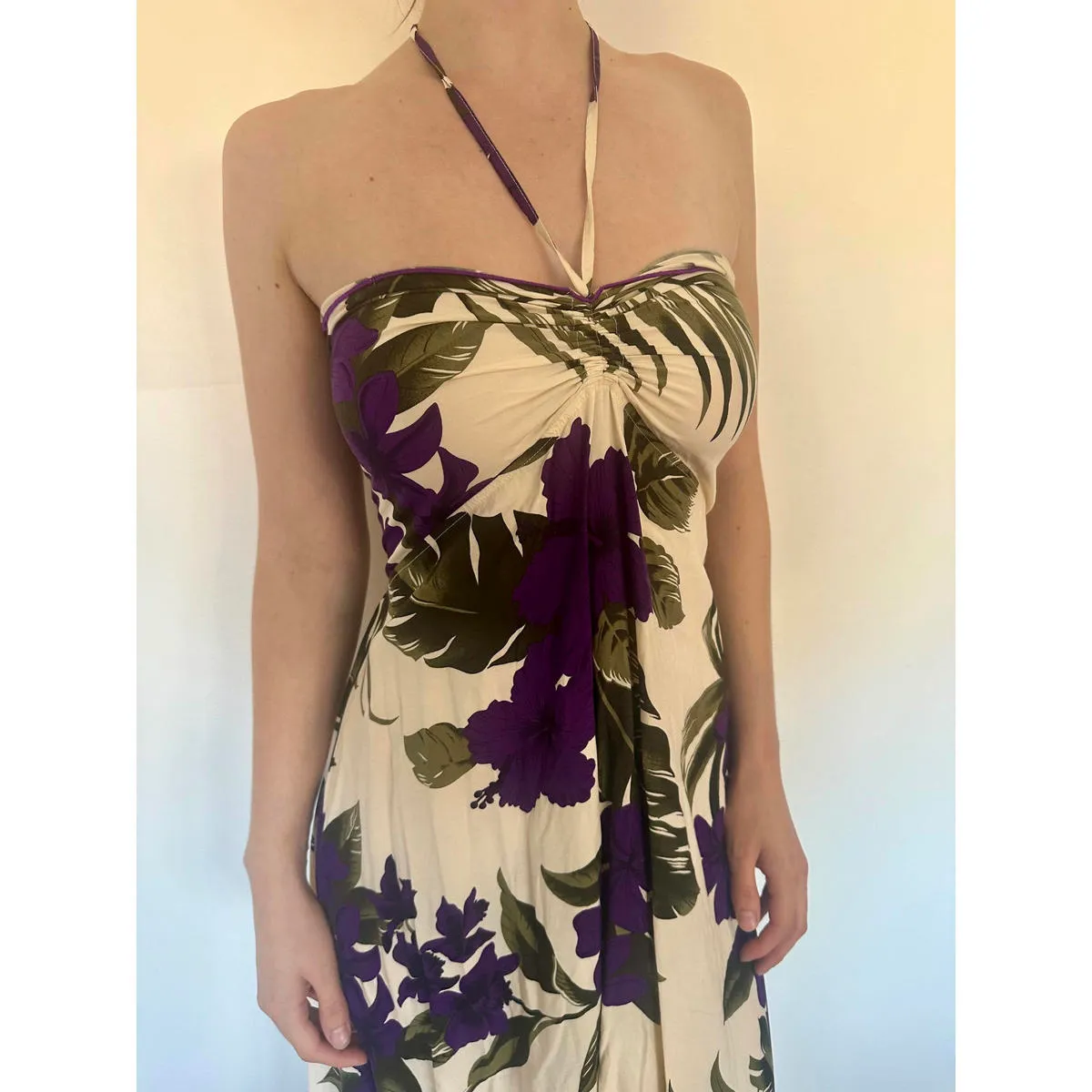 Purple and Cream Floral Halter Neck Midi Dress - Image 4