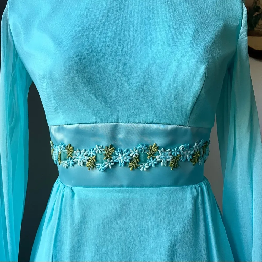 VINTAGE 1960s mod gown in teal with floral ribbon and chiffon Size 0 - Image 2