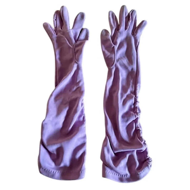 Vintage 80s–90s Lilac Ruched Opera Gloves – Elbow Length Size Small Purple - Image 2