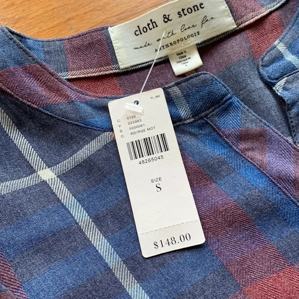 Anthropologie Cloth & Stone Plaid Long‎ Sleeve Shirt Dress Size S Blue/Red NWT - Image 11