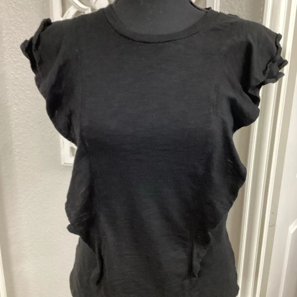 White House Black Market Black Ruffled Cap Sleeve T-Shirt - Image 2